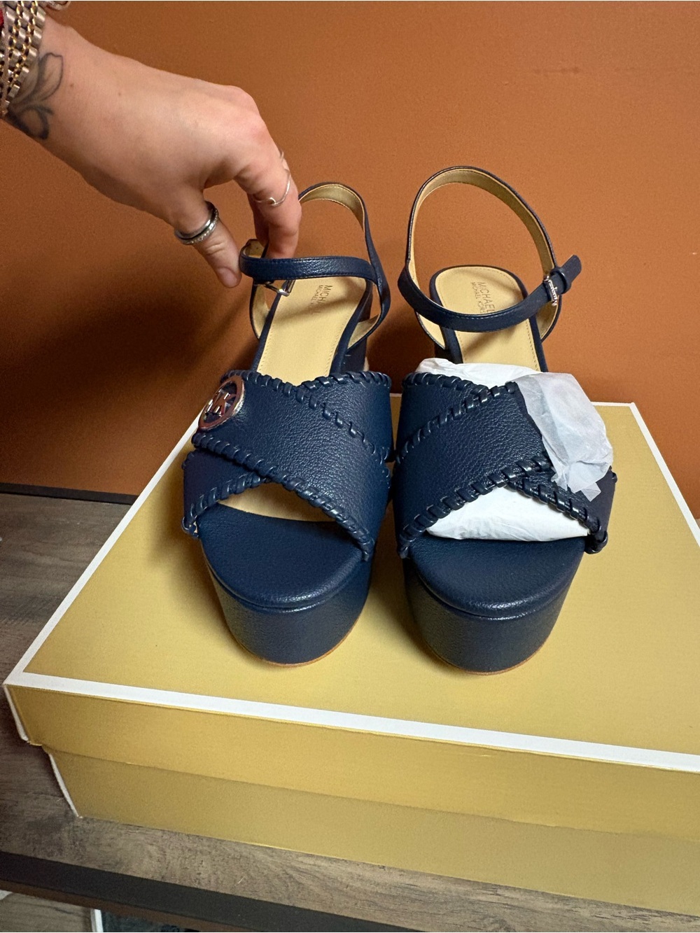 Michael Kors Navy Leather Platform Wedge Sandals with MK Medallion - Picture 5 of 10